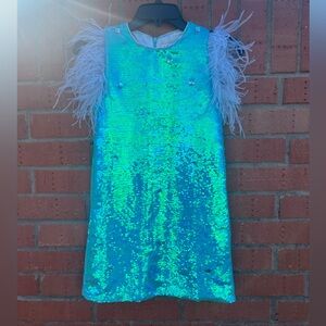 Lola and the Boys turquoise iridescent feather dress